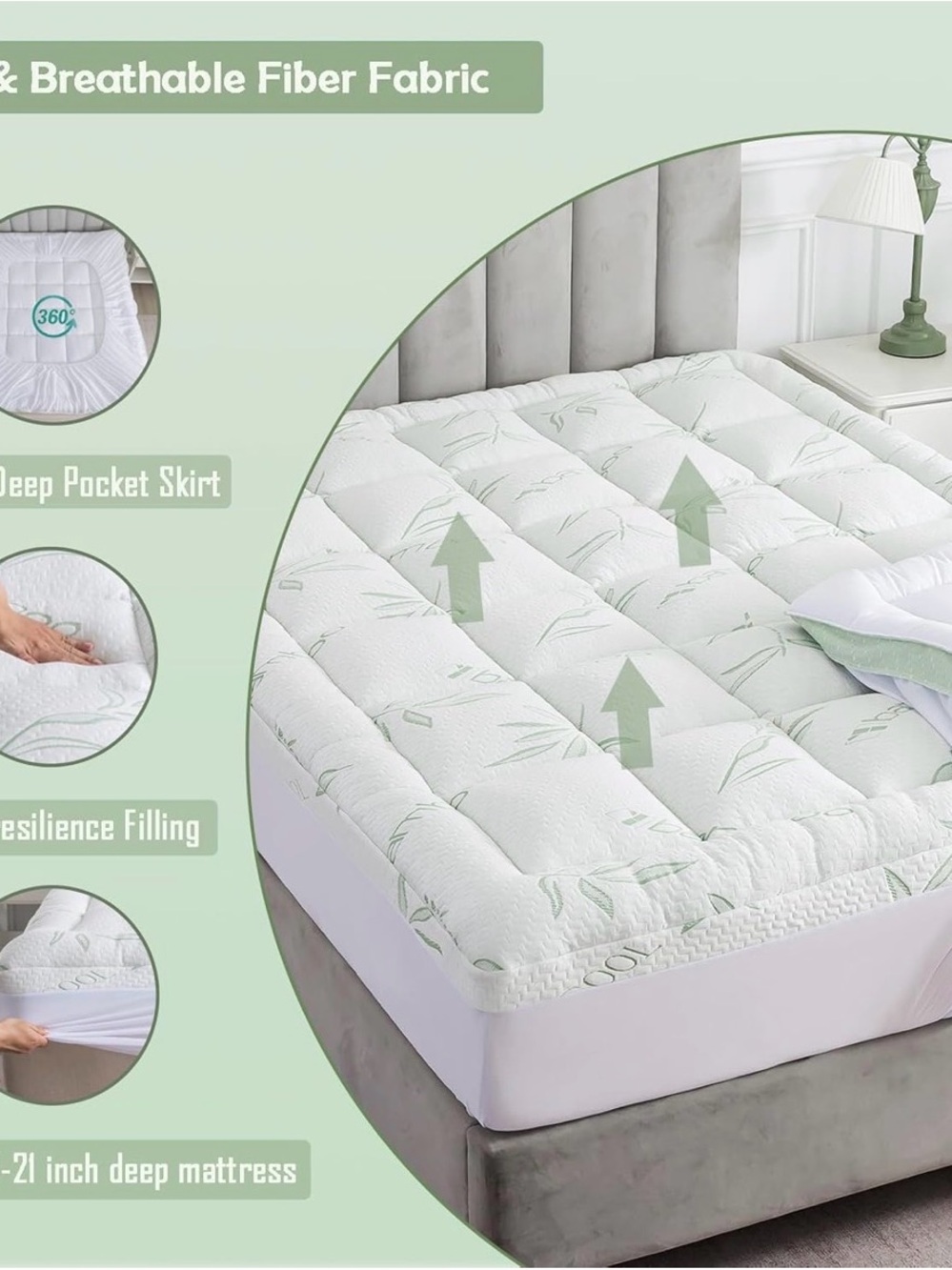Luxury Quilted Mattress Topper - White with Green Accent